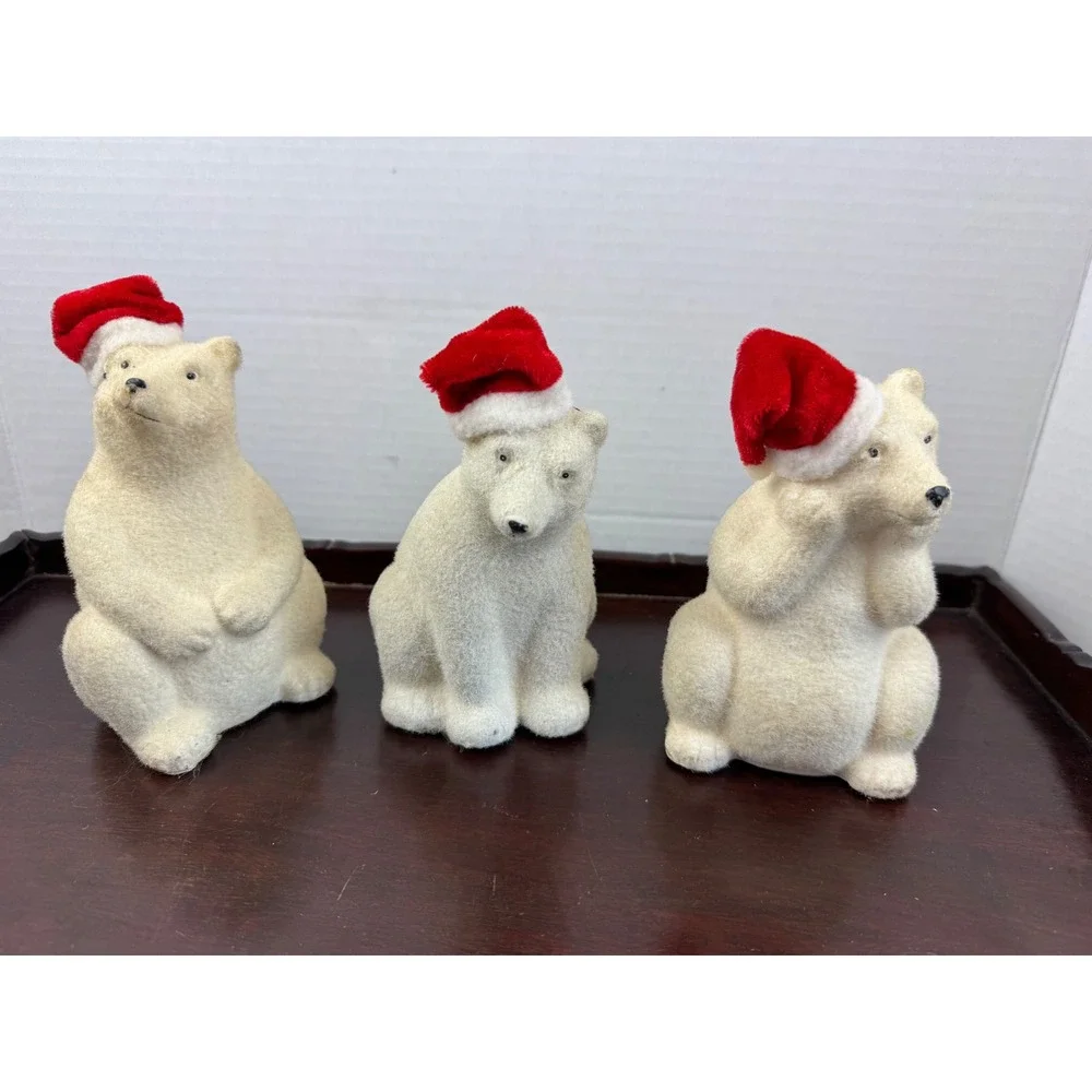 Vintage Flocked Polar Bear Christmas Figurines Set of 3 Santa Hat Winter Decor